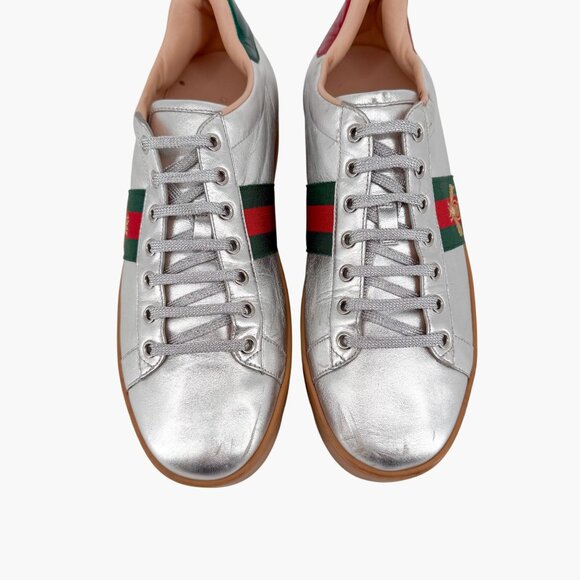Gucci Ace Bee Silver Leather Platform Low Top Sneakers Shoes Size 41 US 11 Women - Picture 3 of 15